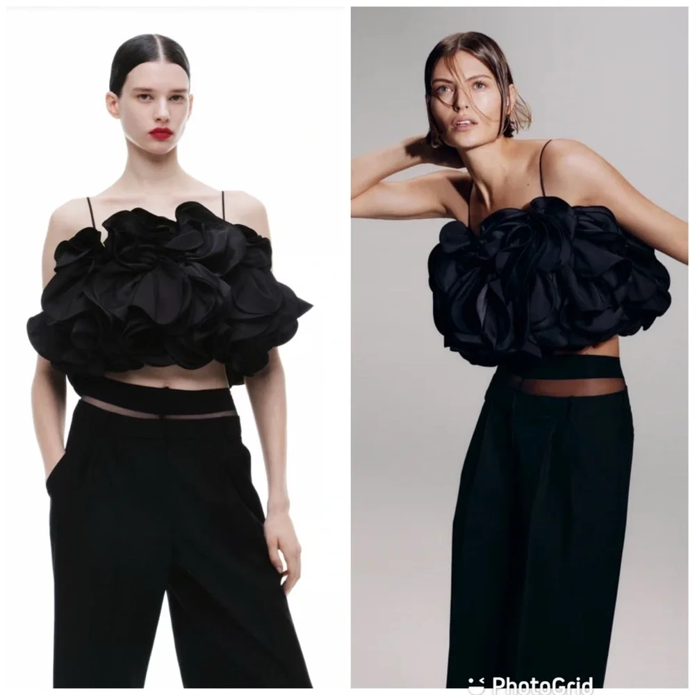 MAGDA BUTRYM X H&M RUFFLE SATIN BUSTIER TOP In Black - Picture 1 of 13